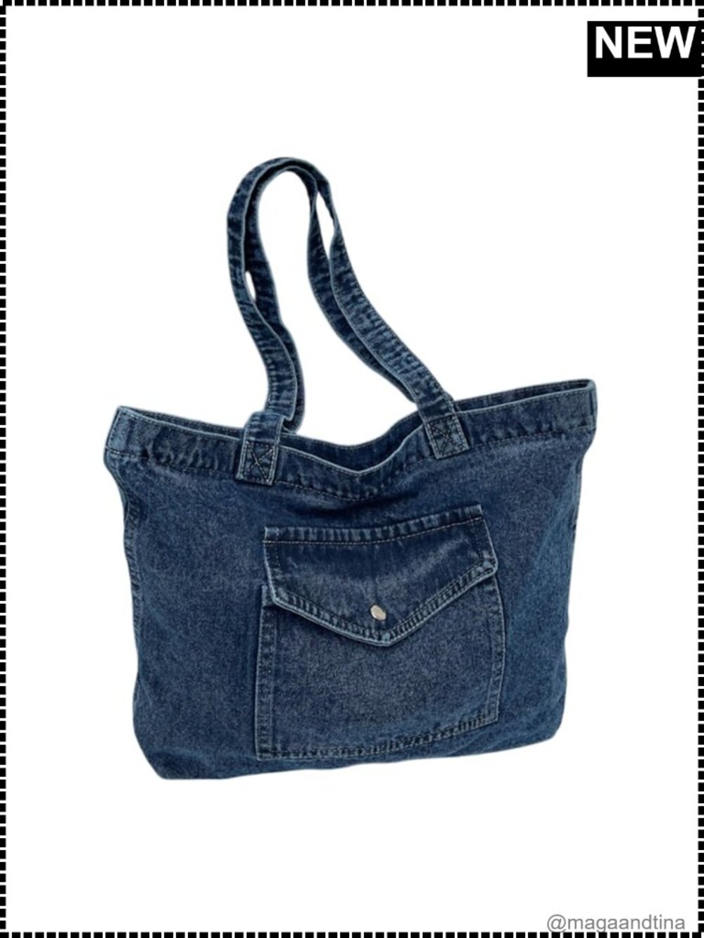 Large Denim Tote Bag Cotton Zip Shoulder Handbag for Work Travel